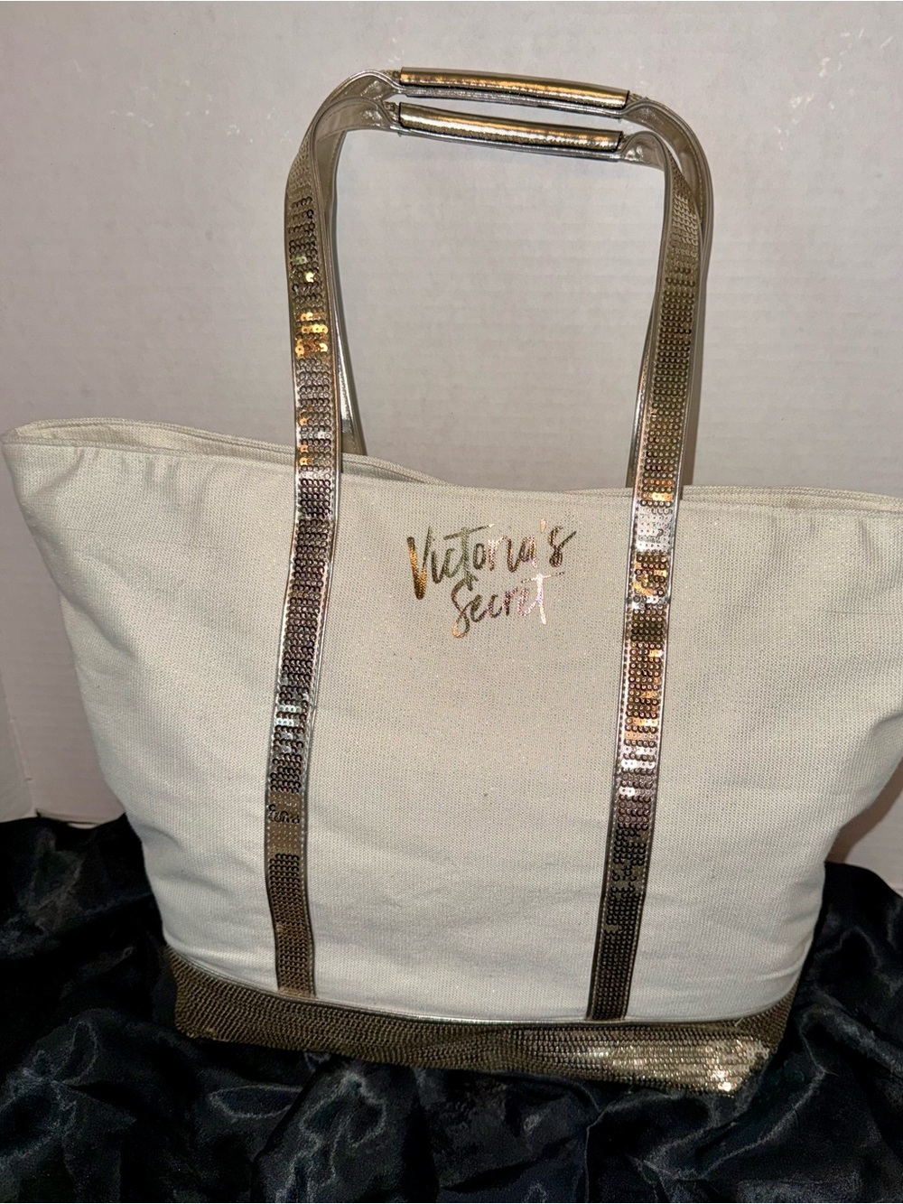 Victoria's Secret Cream Canvas Tote with Gold Sequin Handles